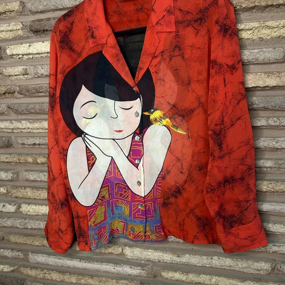 Vintage 90s 100% Silk Chico's Design Girl With Bird Blouse Size 1 Medium - Picture 6 of 8